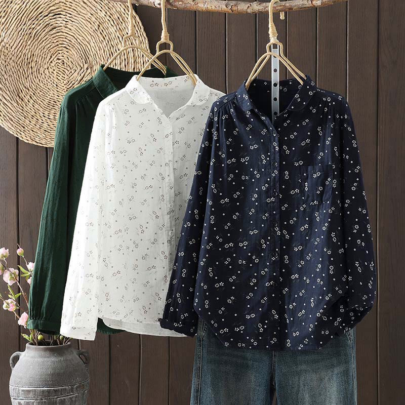 Camicia da donna in cotone a maniche lunghe con piccoli bottoni e motivo floreale autunnale Buddha Stones - image 1