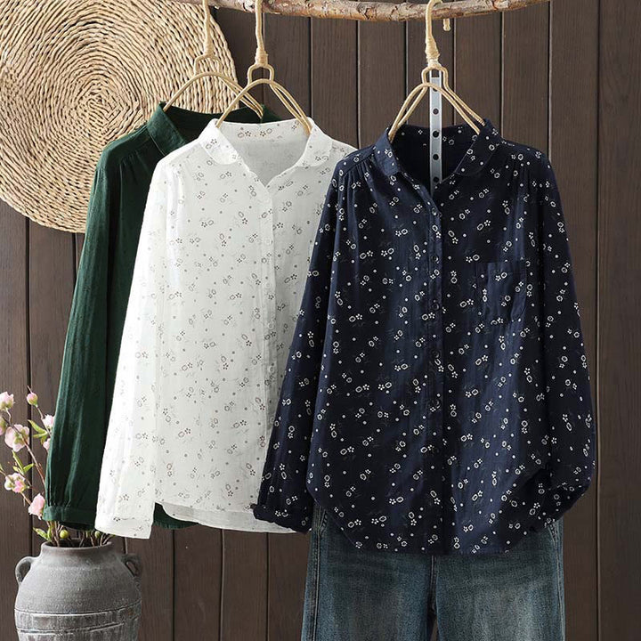 Camicia da donna in cotone a maniche lunghe con piccoli bottoni e motivo floreale autunnale Buddha Stones - image 1
