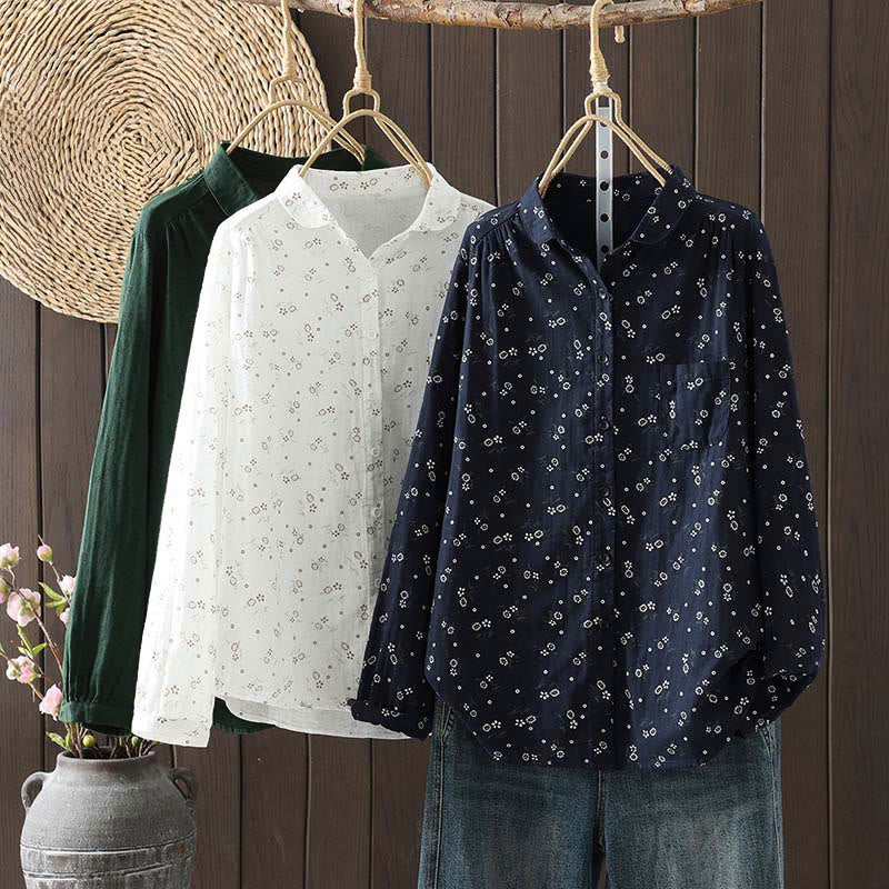 Camicia da donna in cotone a maniche lunghe con piccoli bottoni e motivo floreale autunnale Buddha Stones - image 1