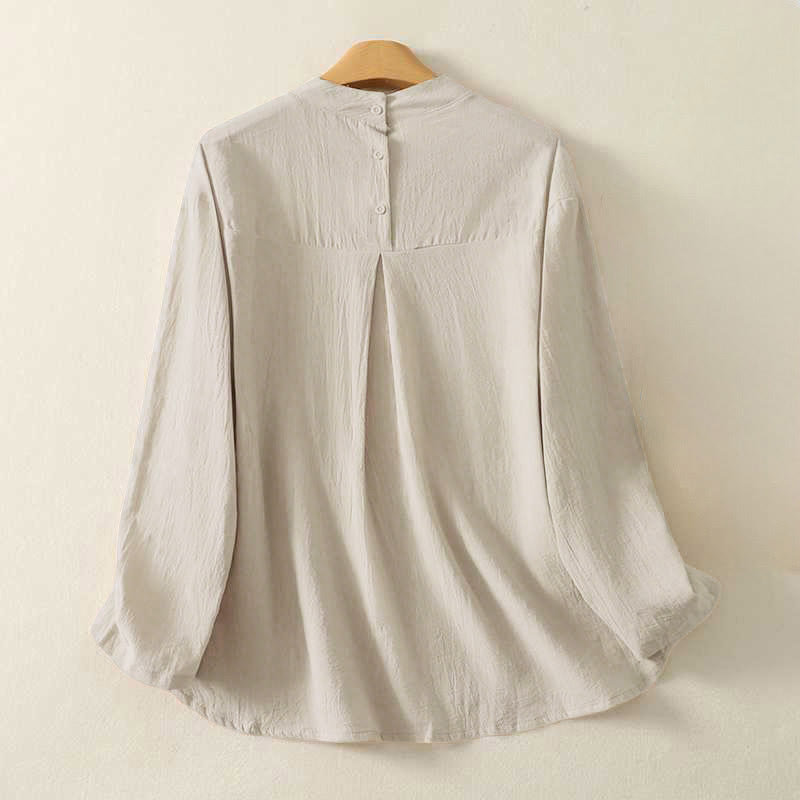 Camicia da donna in cotone a maniche lunghe con scollo rotondo e tre bottoni, modello Buddha Stones Fall Plain - image 1