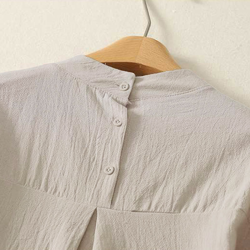 Camicia da donna in cotone a maniche lunghe con scollo rotondo e tre bottoni, modello Buddha Stones Fall Plain - image 3