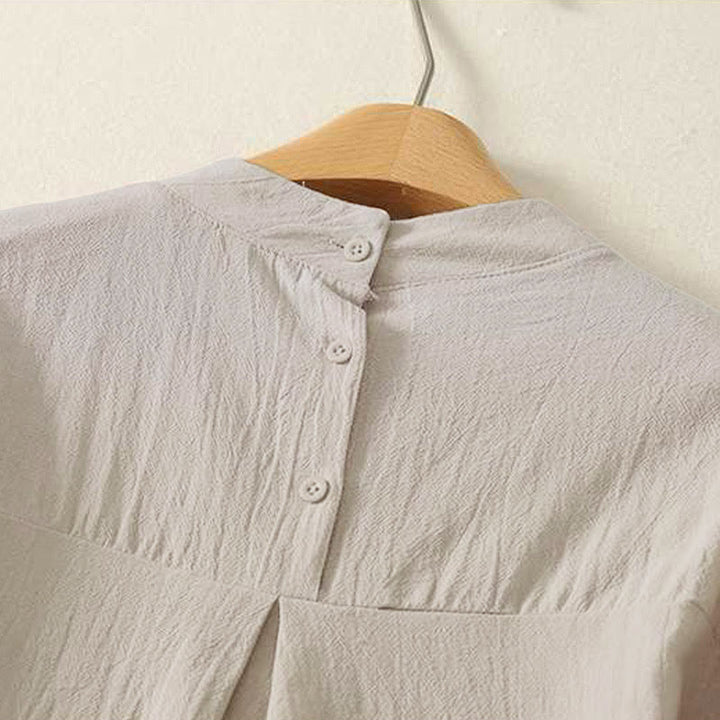 Camicia da donna in cotone a maniche lunghe con scollo rotondo e tre bottoni, modello Buddha Stones Fall Plain - image 3