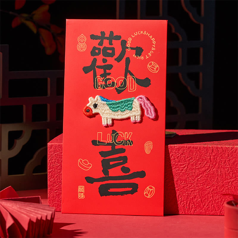 Buddha Stones Anno del Cavallo 2026 Ricamo di Capodanno Benedizioni Fortuna 6 pezzi Busta Rossa Cinese - image 3