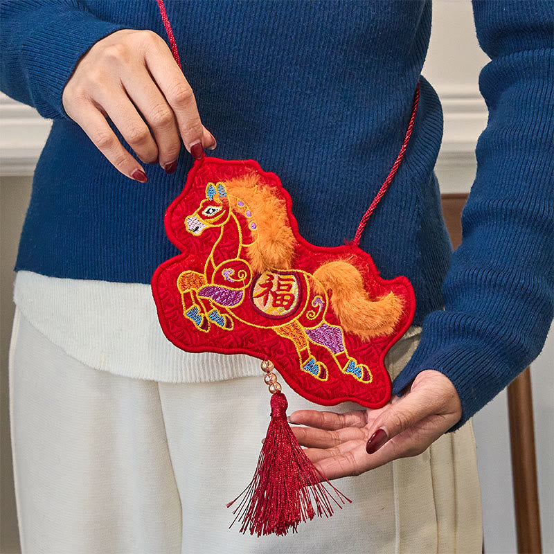 Buddha Stones Anno del Cavallo 2026 Capodanno Carattere Fu Nappa Ricamo Busta Rossa Cinese - Busta rossa con nappa di cavallo (10,5*18,5 cm) - image 0