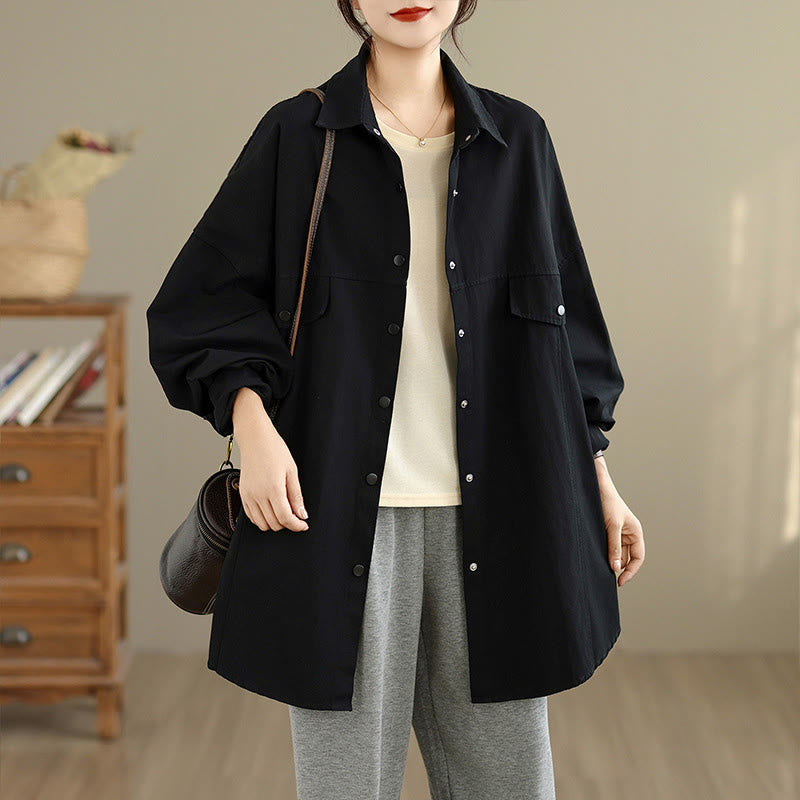 Buddha Stones Giacca da donna in cotone a maniche lunghe con bottoni e risvolto in tinta unita, dal design semplice - Nero - US14, UK/AU18, EU46 (2XL) - image 5