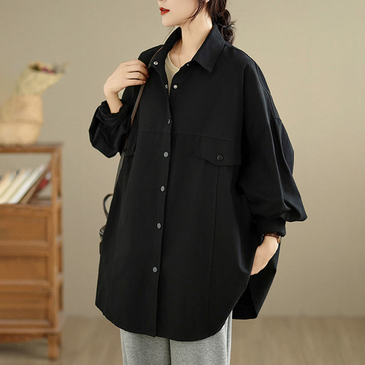 Buddha Stones Giacca da donna in cotone a maniche lunghe con bottoni e risvolto in tinta unita, dal design semplice - image 9