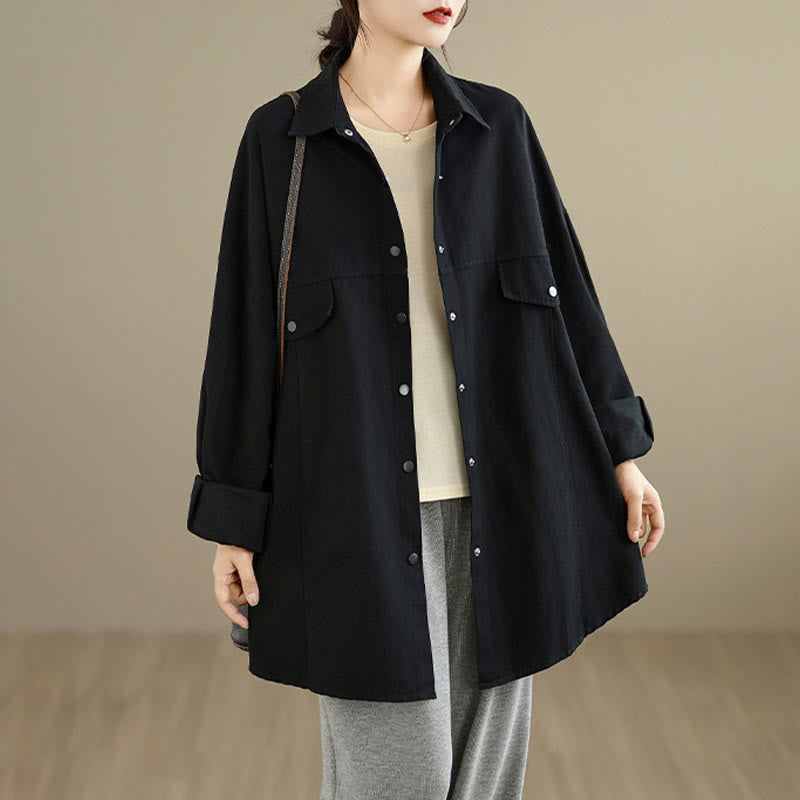 Buddha Stones Giacca da donna in cotone a maniche lunghe con bottoni e risvolto in tinta unita, dal design semplice - image 7