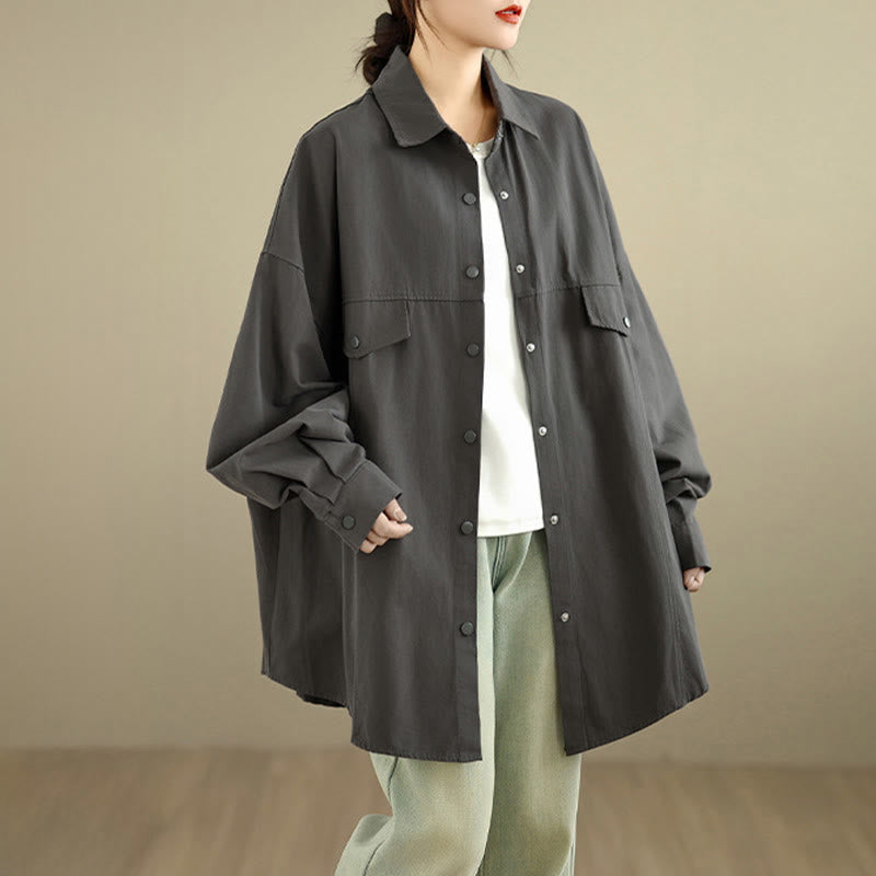 Buddha Stones Giacca da donna in cotone a maniche lunghe con bottoni e risvolto in tinta unita, dal design semplice - image 3