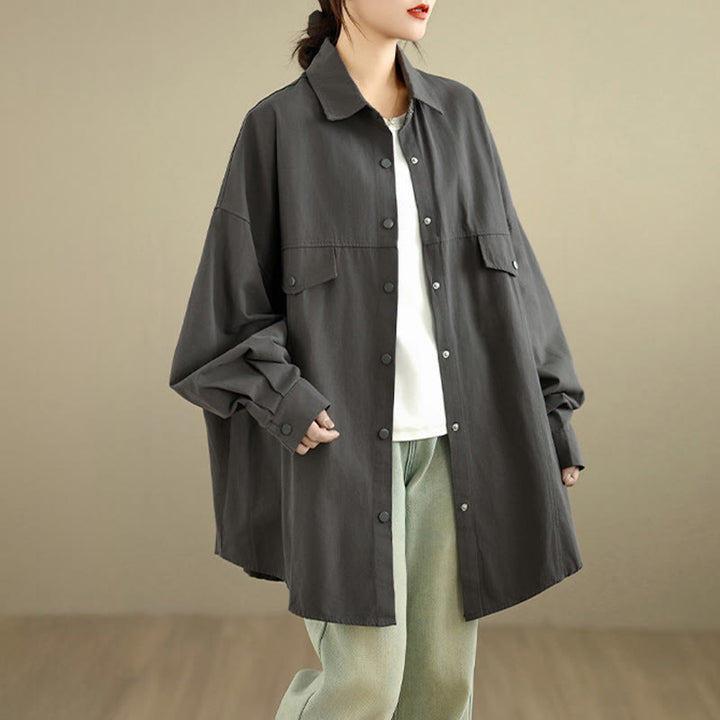 Buddha Stones Giacca da donna in cotone a maniche lunghe con bottoni e risvolto in tinta unita, dal design semplice - image 3