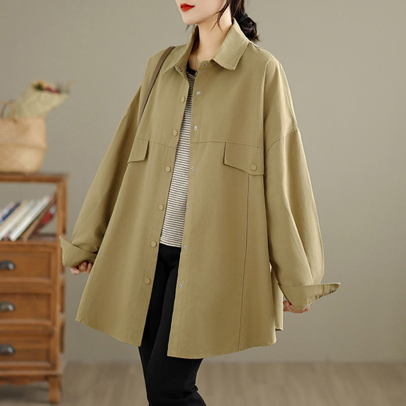 Buddha Stones Giacca da donna in cotone a maniche lunghe con bottoni e risvolto in tinta unita, dal design semplice - image 14