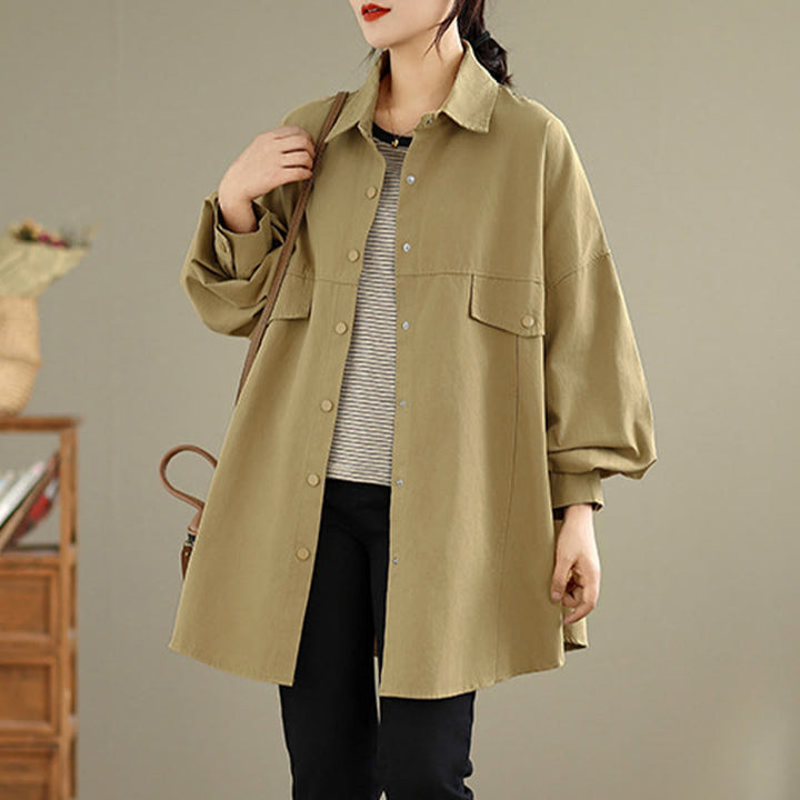 Buddha Stones Giacca da donna in cotone a maniche lunghe con bottoni e risvolto in tinta unita, dal design semplice - image 12