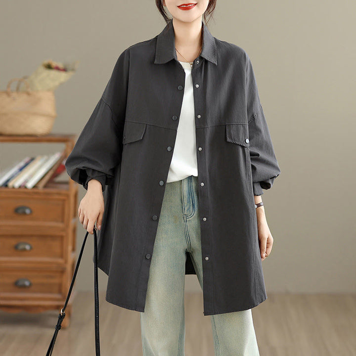 Buddha Stones Giacca da donna in cotone a maniche lunghe con bottoni e risvolto in tinta unita, dal design semplice - Grigio scuro - US14, UK/AU18, EU46 (2XL) - image 0