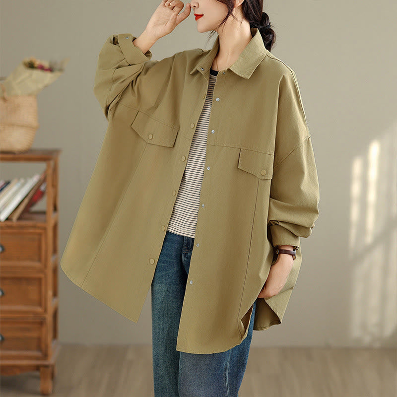 Buddha Stones Giacca da donna in cotone a maniche lunghe con bottoni e risvolto in tinta unita, dal design semplice - Cachi scuro - US14, UK/AU18, EU46 (2XL) - image 11