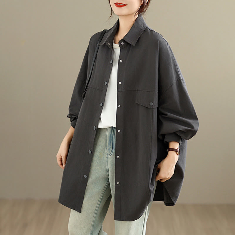 Buddha Stones Giacca da donna in cotone a maniche lunghe con bottoni e risvolto in tinta unita, dal design semplice - image 1