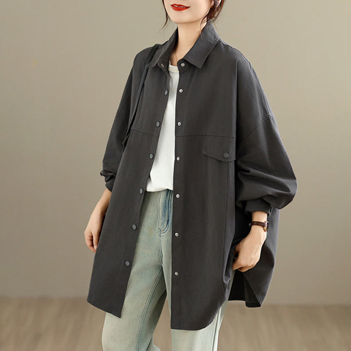 Buddha Stones Giacca da donna in cotone a maniche lunghe con bottoni e risvolto in tinta unita, dal design semplice - image 1