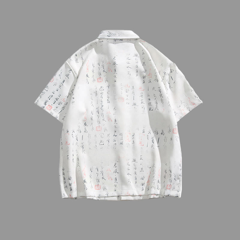 Buddha Stones Camicia da uomo a maniche corte con tasca, chiusura a rana con barra di metallo e motivo stampato con calligrafia - image 3