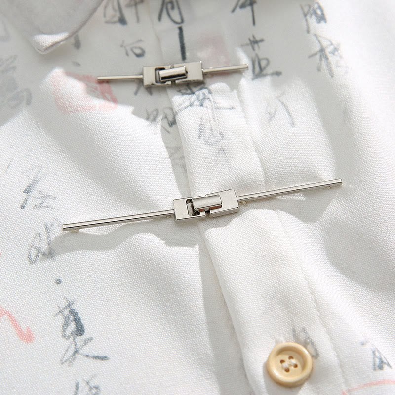 Buddha Stones Camicia da uomo a maniche corte con tasca, chiusura a rana con barra di metallo e motivo stampato con calligrafia - image 7