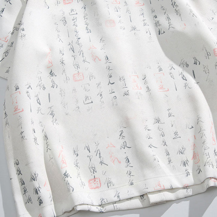 Buddha Stones Camicia da uomo a maniche corte con tasca, chiusura a rana con barra di metallo e motivo stampato con calligrafia - image 9