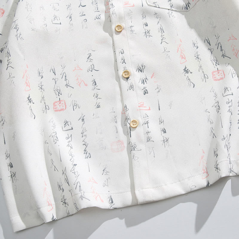 Buddha Stones Camicia da uomo a maniche corte con tasca, chiusura a rana con barra di metallo e motivo stampato con calligrafia - image 8