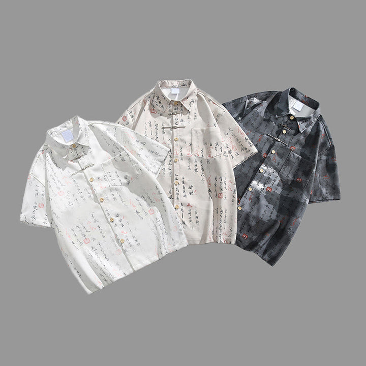Buddha Stones Camicia da uomo a maniche corte con tasca, chiusura a rana con barra di metallo e motivo stampato con calligrafia - image 13