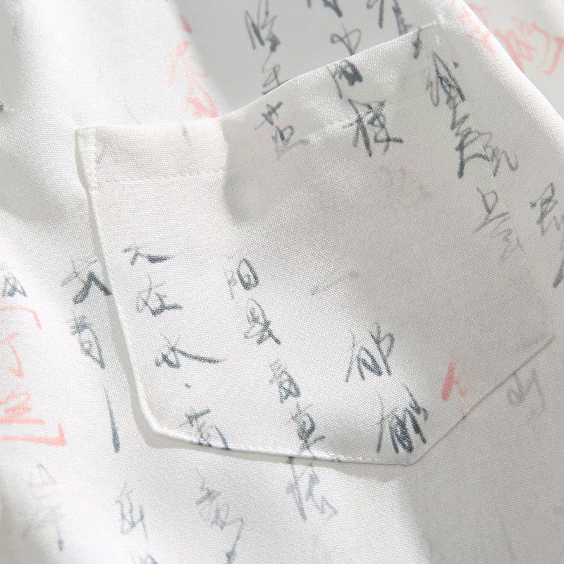 Buddha Stones Camicia da uomo a maniche corte con tasca, chiusura a rana con barra di metallo e motivo stampato con calligrafia - image 6