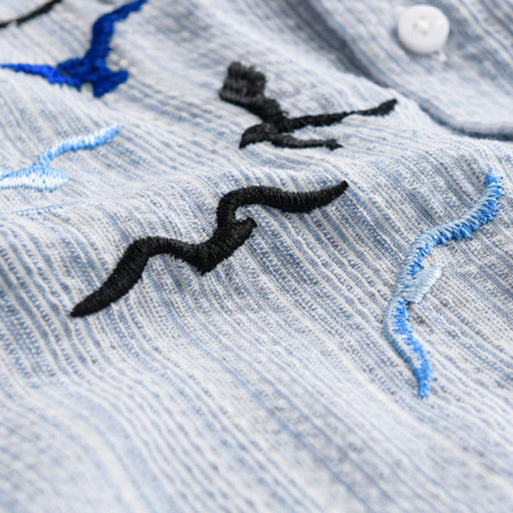 Buddha Stones Camicia da uomo in cotone a maniche lunghe con motivo a righe e ricamo di uccelli e tasca - image 7