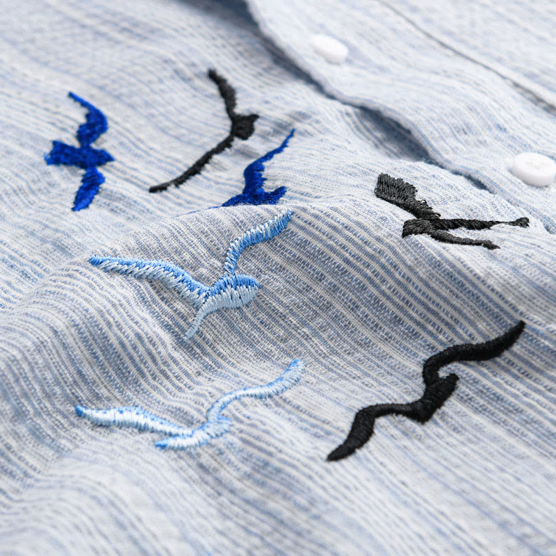 Buddha Stones Camicia da uomo in cotone a maniche lunghe con motivo a righe e ricamo di uccelli e tasca - image 8