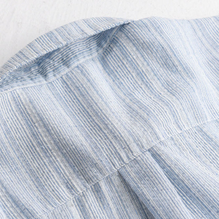 Buddha Stones Camicia da uomo in cotone a maniche lunghe con motivo a righe e ricamo di uccelli e tasca - image 5