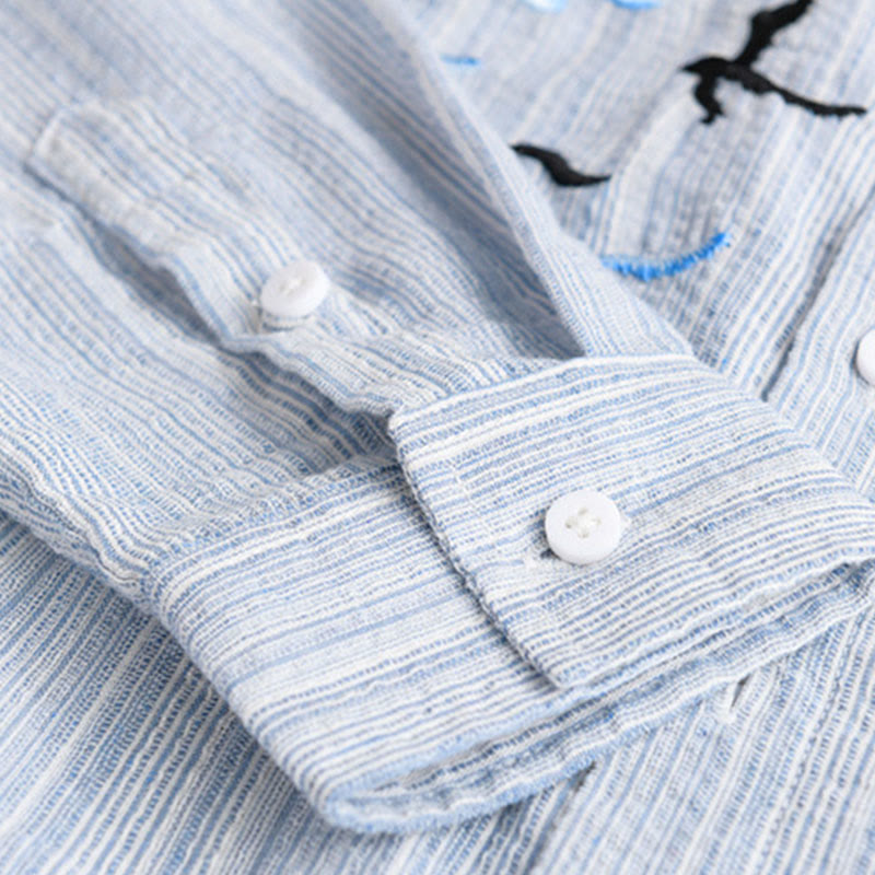 Buddha Stones Camicia da uomo in cotone a maniche lunghe con motivo a righe e ricamo di uccelli e tasca - image 9