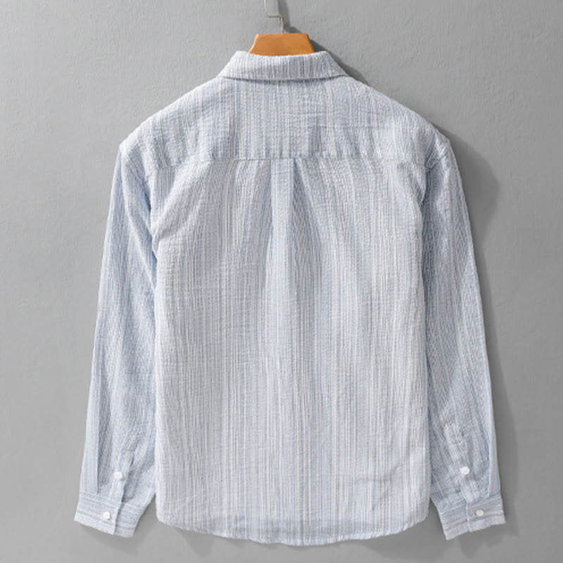 Buddha Stones Camicia da uomo in cotone a maniche lunghe con motivo a righe e ricamo di uccelli e tasca - image 1