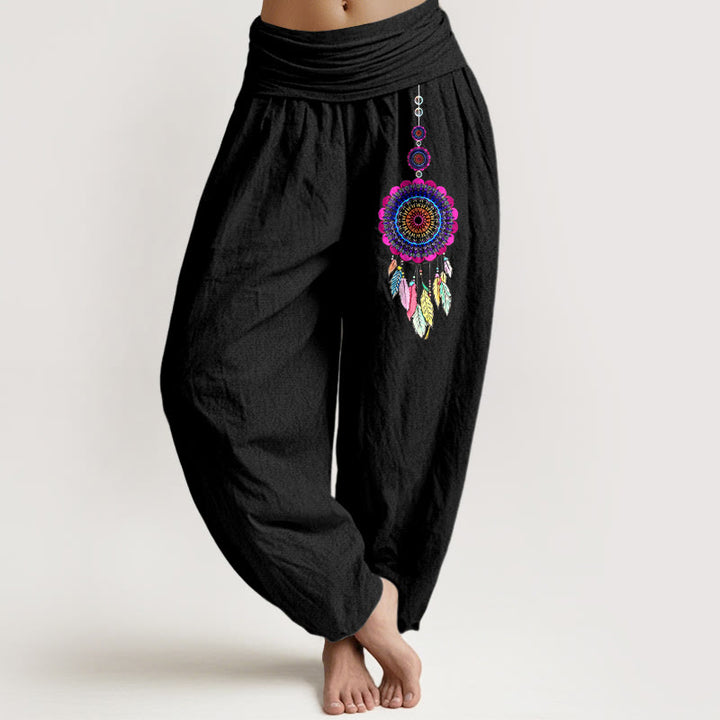 Buddha Stones Pantaloni harem da donna in puro cotone con elastico in vita e motivo acchiappasogni colorati - Nero - US16, UK/AU20, EU48 (3XL) - image 0