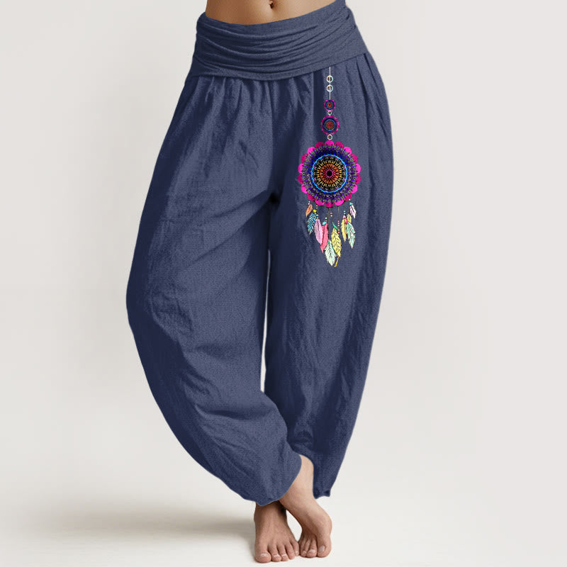 Buddha Stones Pantaloni harem da donna in puro cotone con elastico in vita e motivo acchiappasogni colorati - DarkSlateBlue - US16, UK/AU20, EU48 (3XL) - image 5