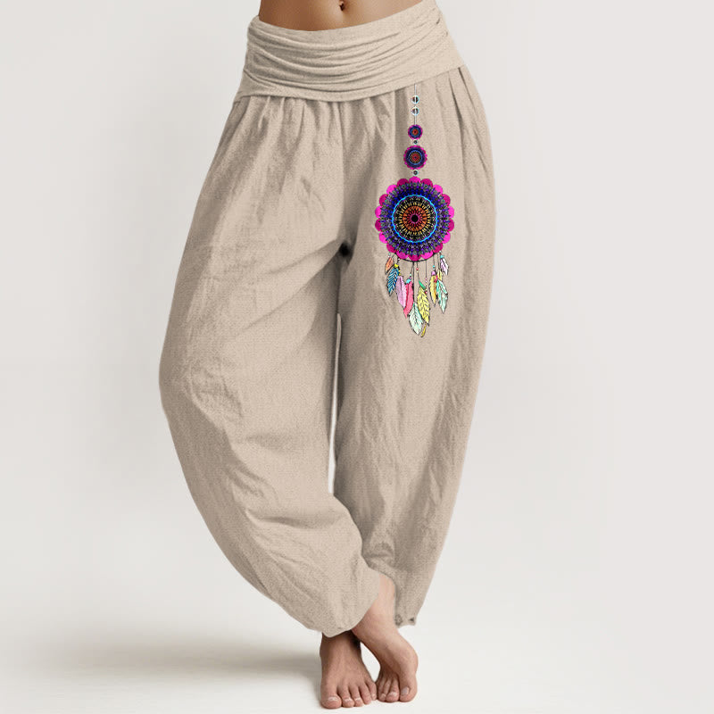 Buddha Stones Pantaloni harem da donna in puro cotone con elastico in vita e motivo acchiappasogni colorati - Abbronzatura - US16, UK/AU20, EU48 (3XL) - image 11