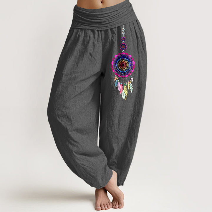 Buddha Stones Pantaloni harem da donna in puro cotone con elastico in vita e motivo acchiappasogni colorati - Grigio scuro - US16, UK/AU20, EU48 (3XL) - image 8