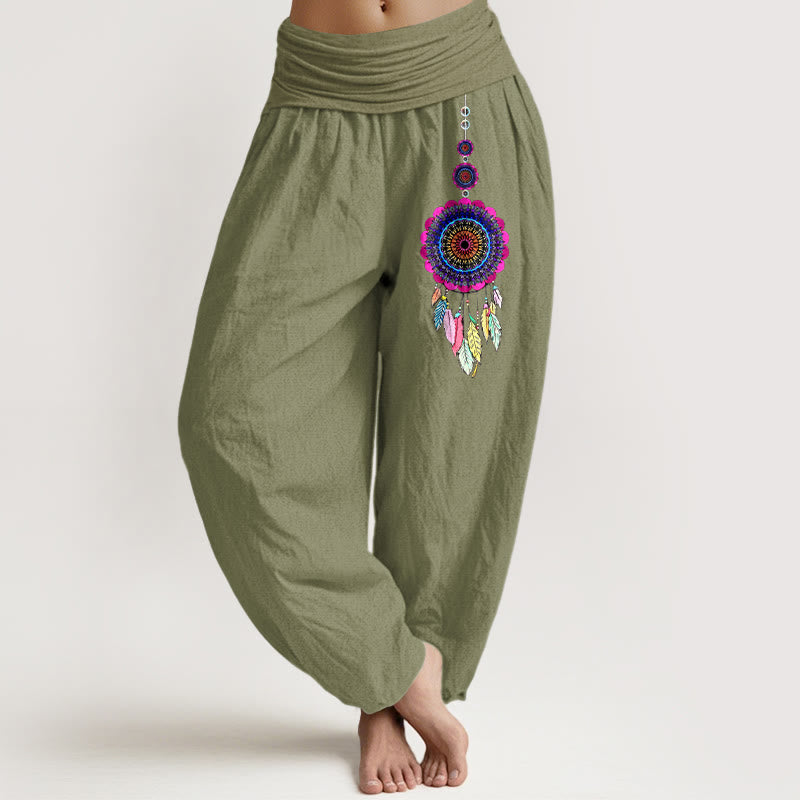 Buddha Stones Pantaloni harem da donna in puro cotone con elastico in vita e motivo acchiappasogni colorati - Verde oliva - US16, UK/AU20, EU48 (3XL) - image 14
