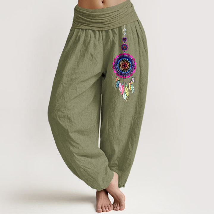 Buddha Stones Pantaloni harem da donna in puro cotone con elastico in vita e motivo acchiappasogni colorati - Verde oliva - US16, UK/AU20, EU48 (3XL) - image 14
