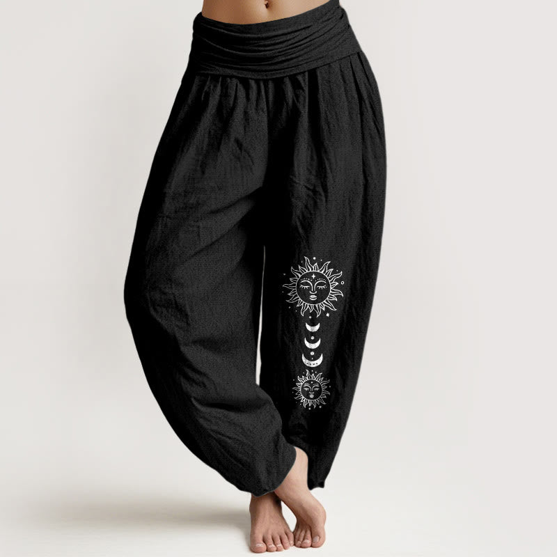 Buddha Stones Pantaloni harem in puro cotone con elastico in vita e motivo sole-luna bohémien da donna - Nero - US16, UK/AU20, EU48 (3XL) - image 5