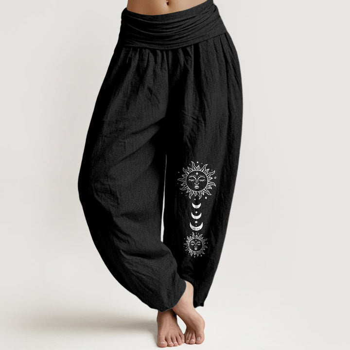 Buddha Stones Pantaloni harem in puro cotone con elastico in vita e motivo sole-luna bohémien da donna - Nero - US16, UK/AU20, EU48 (3XL) - image 5