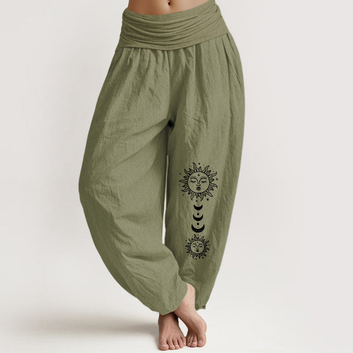 Buddha Stones Pantaloni harem in puro cotone con elastico in vita e motivo sole-luna bohémien da donna - Verde oliva - US16, UK/AU20, EU48 (3XL) - image 14