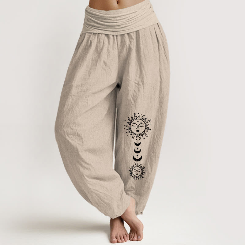 Buddha Stones Pantaloni harem in puro cotone con elastico in vita e motivo sole-luna bohémien da donna - Abbronzatura - US16, UK/AU20, EU48 (3XL) - image 11