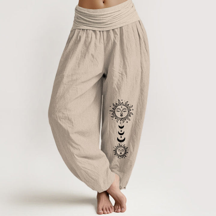 Buddha Stones Pantaloni harem in puro cotone con elastico in vita e motivo sole-luna bohémien da donna - Abbronzatura - US16, UK/AU20, EU48 (3XL) - image 11