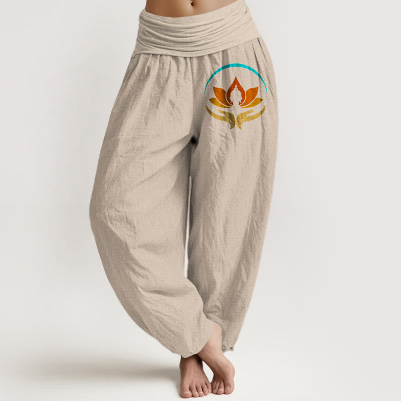Buddha Stones Pantaloni harem da donna in puro cotone con elastico in vita e motivo con simbolo del Buddha e del loto - Abbronzatura - US16, UK/AU20, EU48 (3XL) - image 11