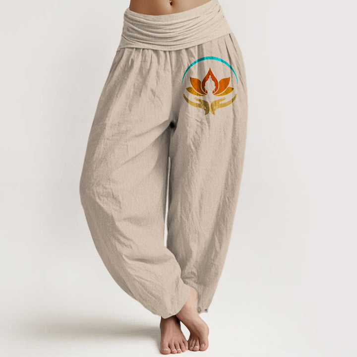 Buddha Stones Pantaloni harem da donna in puro cotone con elastico in vita e motivo con simbolo del Buddha e del loto - Abbronzatura - US16, UK/AU20, EU48 (3XL) - image 11