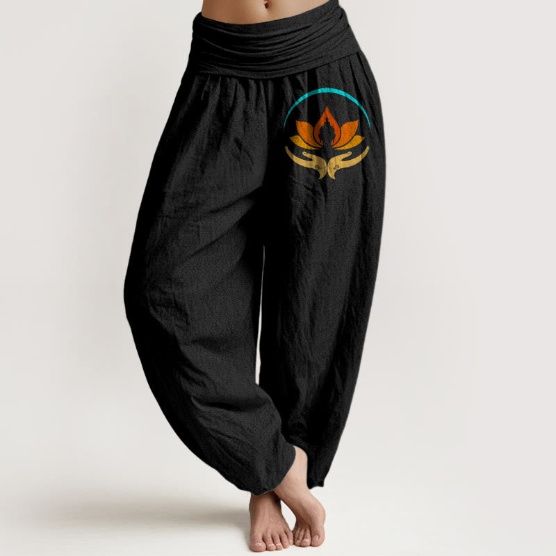 Buddha Stones Pantaloni harem da donna in puro cotone con elastico in vita e motivo con simbolo del Buddha e del loto - Nero - US16, UK/AU20, EU48 (3XL) - image 0