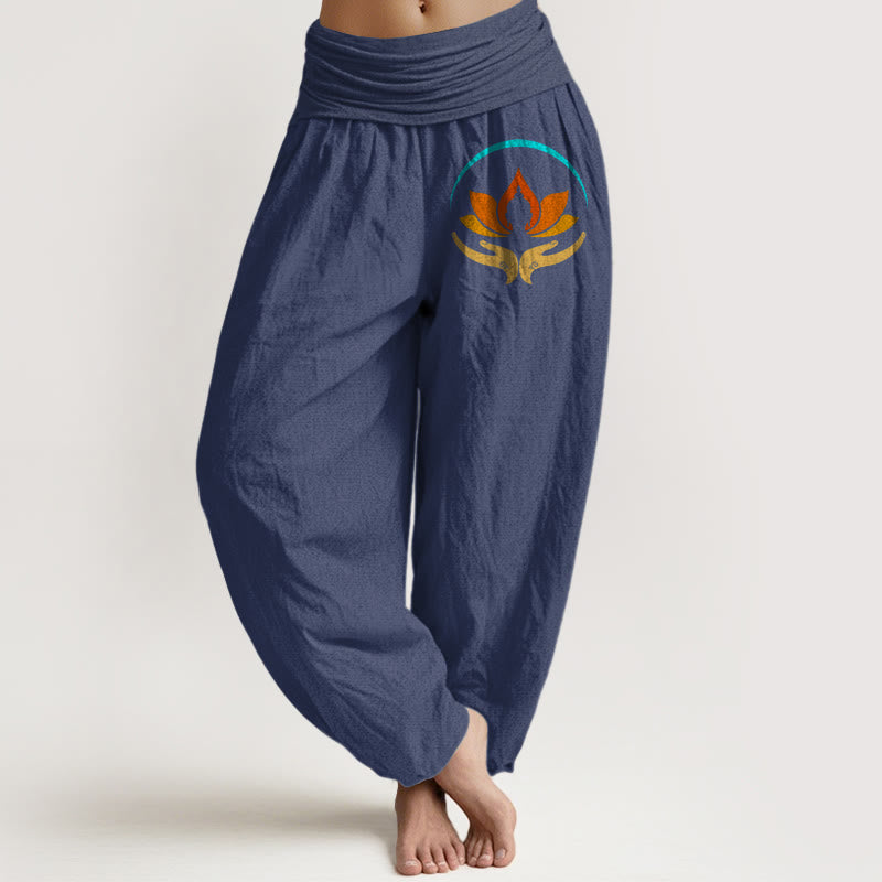 Buddha Stones Pantaloni harem da donna in puro cotone con elastico in vita e motivo con simbolo del Buddha e del loto - DarkSlateBlue - US16, UK/AU20, EU48 (3XL) - image 5