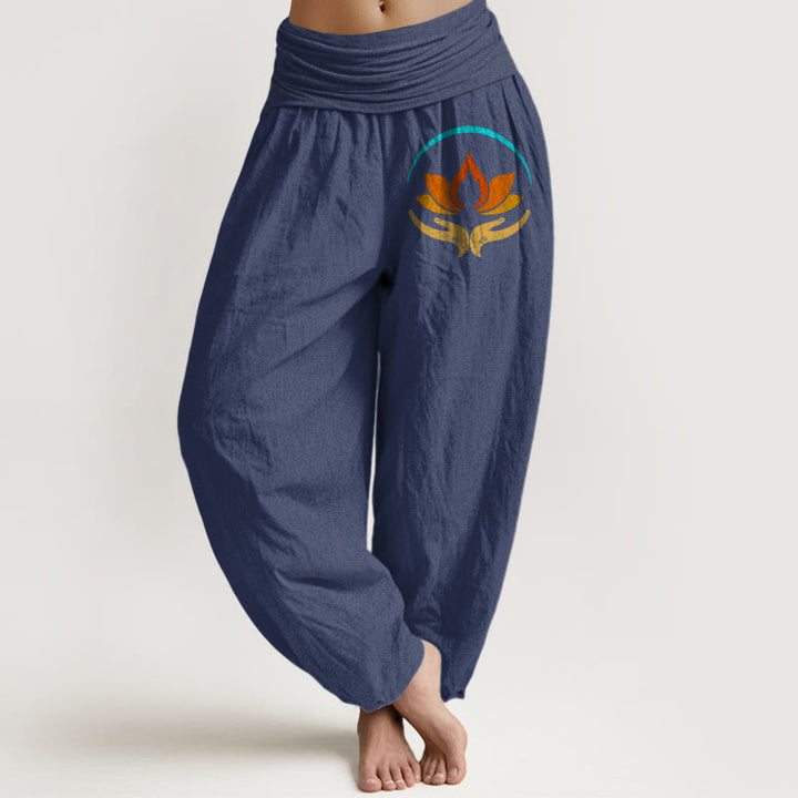 Buddha Stones Pantaloni harem da donna in puro cotone con elastico in vita e motivo con simbolo del Buddha e del loto - DarkSlateBlue - US16, UK/AU20, EU48 (3XL) - image 5
