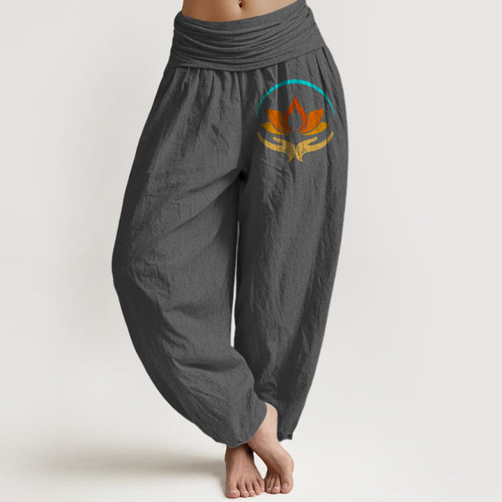 Buddha Stones Pantaloni harem da donna in puro cotone con elastico in vita e motivo con simbolo del Buddha e del loto - Grigio scuro - US16, UK/AU20, EU48 (3XL) - image 8