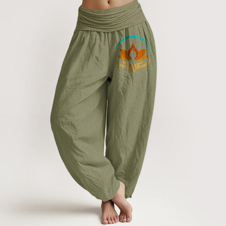 Buddha Stones Pantaloni harem da donna in puro cotone con elastico in vita e motivo con simbolo del Buddha e del loto - Verde oliva - US16, UK/AU20, EU48 (3XL) - image 14