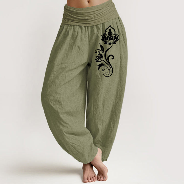 Buddha Stones Pantaloni harem da donna in puro cotone con elastico in vita e motivo floreale di Buddha seduto e loto - Verde oliva - US16, UK/AU20, EU48 (3XL) - image 14