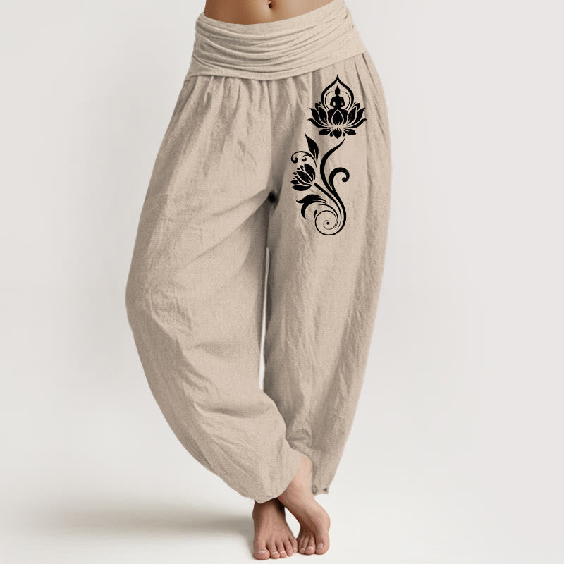 Buddha Stones Pantaloni harem da donna in puro cotone con elastico in vita e motivo floreale di Buddha seduto e loto - Abbronzatura - US16, UK/AU20, EU48 (3XL) - image 11